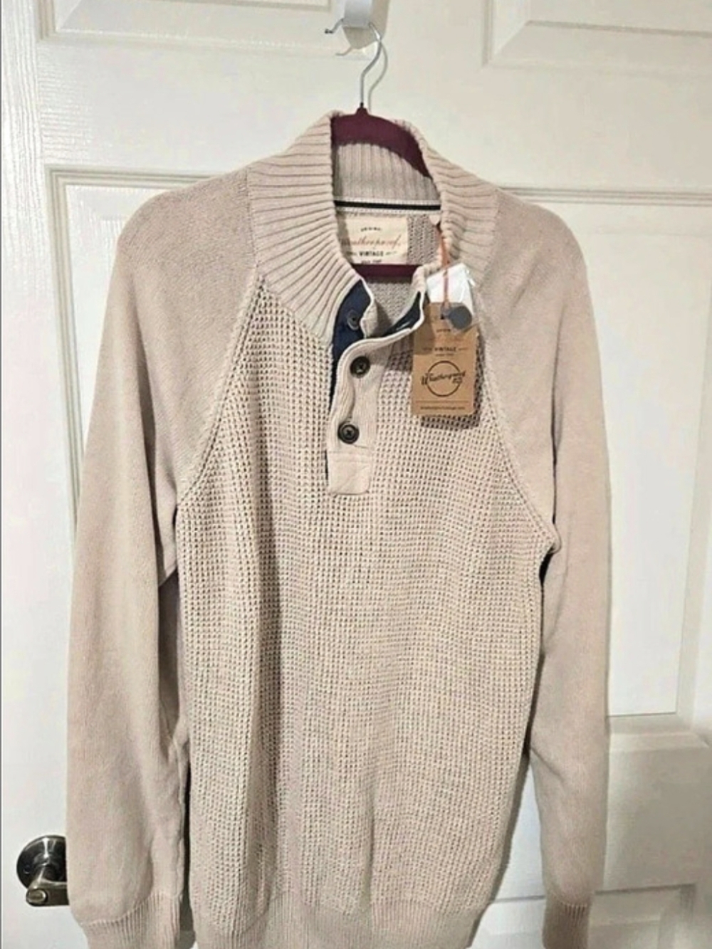 Weatherproof Vintage Men's Waffle Texture Button Mock Neck Sweater Beige Large